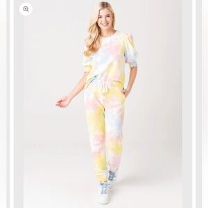 Saylor Tie Dye Cozy Pastel Lounge Set Puff Sleeve Sweatshirt Joggers Size Large